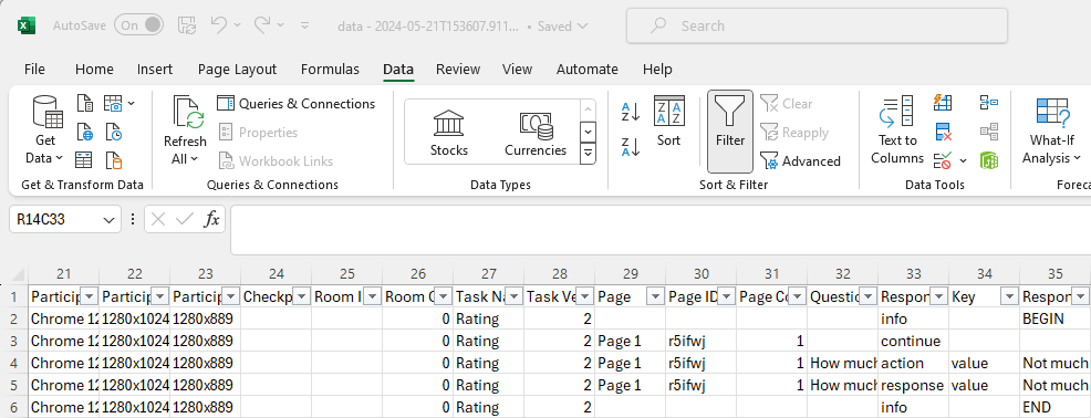 Screenshot of data in Excel with quantised rows removed