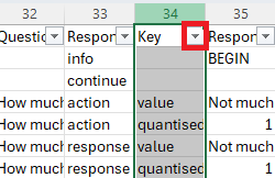 Screenshot of data in Excel with the Key column selected and the filter arrow highlighted