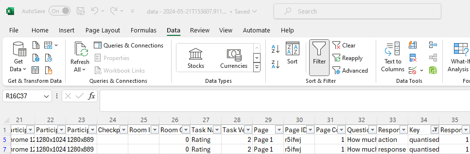 Screenshot of data in Excel. Only rows with 'quantised' in the Key column are shown