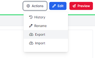 Screenshot of Actions menu. 'Export' is highlighted