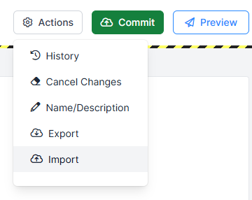 Screenshot of Actions menu. 'Import' is highlighted
