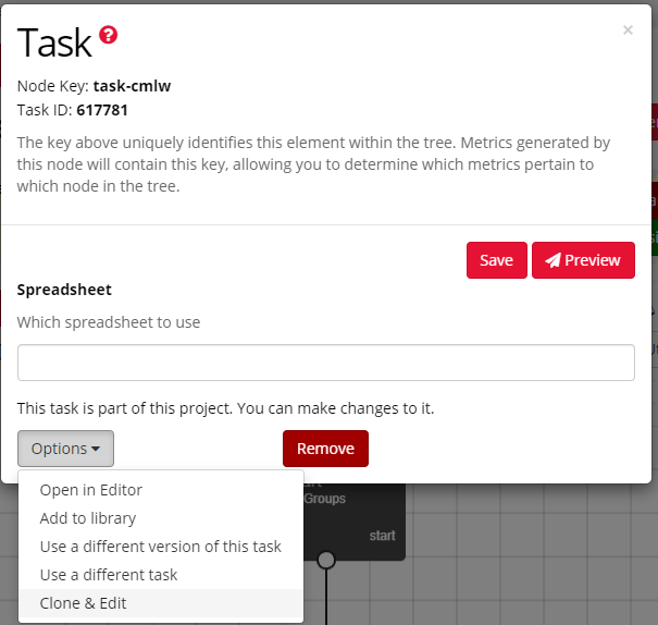 Screenshot of the Node dialog in the Experiment Tree. 'Options' at the bottom-left is highlighted