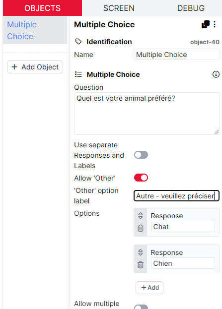 A screenshot of the Multiple Choice object where the other option label has been translated to 'Autre - veuillez préciser'