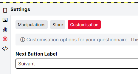 A screenshot of the Settings tab in Questionnaire Builder 2 where the Next Button Label has been changed to 'Suivant'