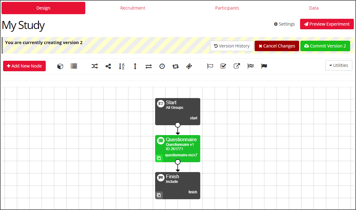 Screenshot of the Experiment Builder showing a simple experiment with a Questionnaire node added between the Start and Finish nodes