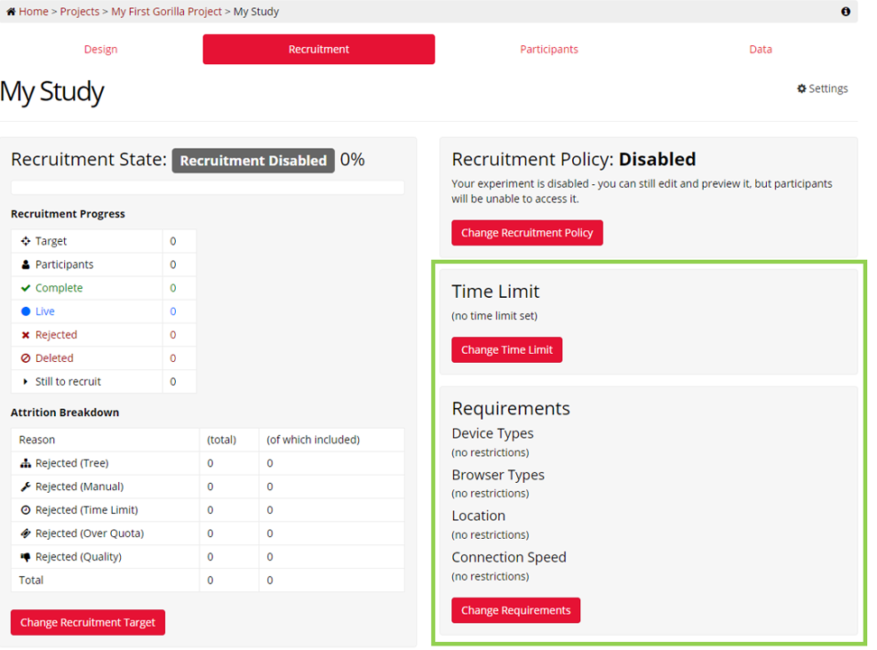 A screenshot of the Recruitment Tab within Gorilla Experiment Builder. The Time Limit and Requirements settings are highlighted with a green box.