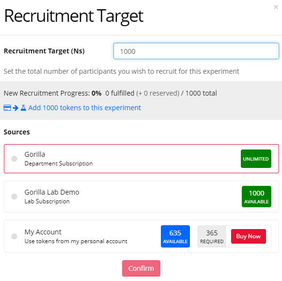 A screenshot of the Recruitment Target window, where users can request tokens from different subscriptions.
