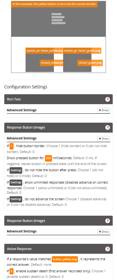 Screenshot of the Response Button (Image) Zone and configuration settings in the Task Builder