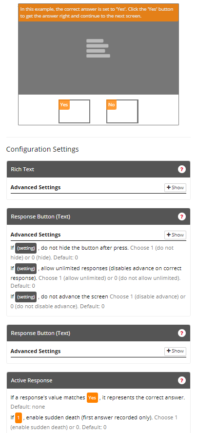 Screenshot of the Response Button (Text) Zone and configuration settings in the Task Builder