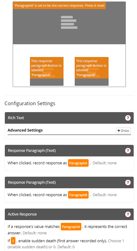 Screenshot of the Response Rich Text Paragraph Zone and configuration settings in the Task Builder