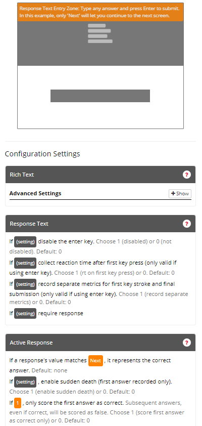 Screenshot of the Response Text Entry Zone and configuration settings in the Task Builder
