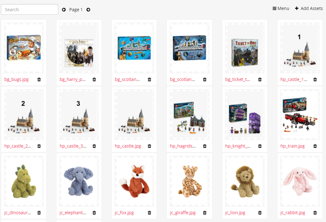 A screenshot of the Product Images tab in the Shop Builder. The images of various toys have been uploaded.