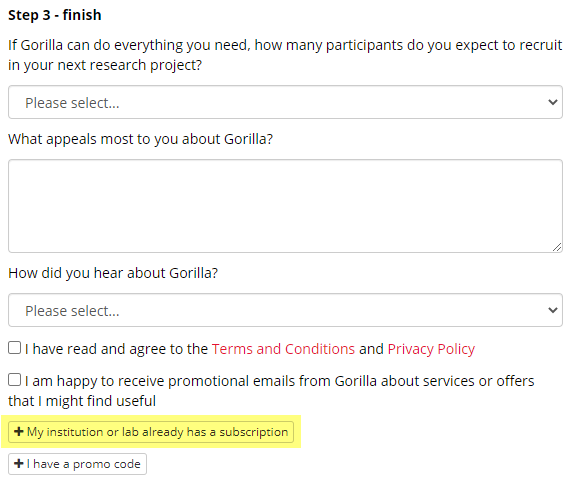 A screenshot of the signup page in Gorilla, the option to join the subscription has been highlighted.