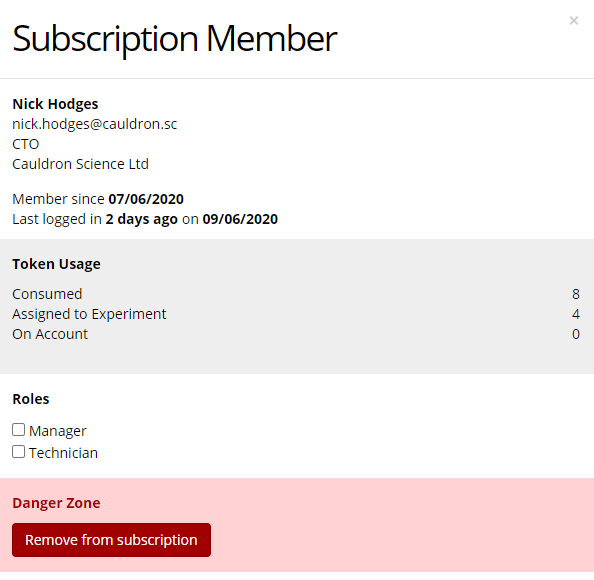A screenshot of the Subscription Member window.