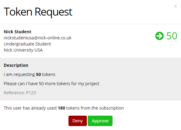 A screenshot of the token request, with the option to Approve or Deny the request.