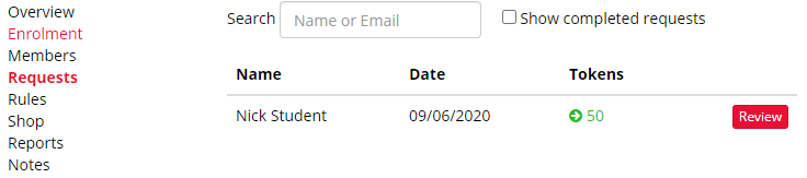 A screenshot of the Request Tab of the subscription, showing a token request.