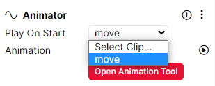 Image showing an Animator component with a Play On Start setting which has a dropdown menu with animation clips to select.
