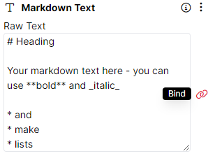 Image showing a Markdown Text component with a bind button to the right highlighted in red