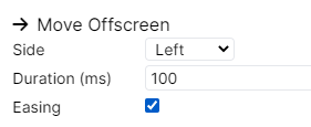 Image showing a Game Builder Animation called Move Offscreen with three settings: side, duration and easing. The easing setting has a ticked checkbox next to it.