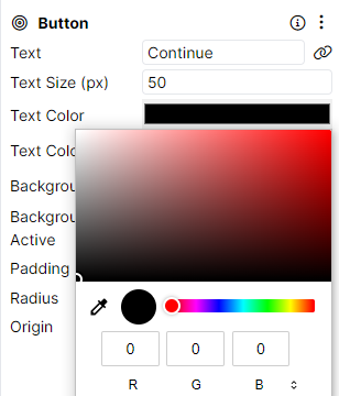 Image showing a Button component with a Text Color setting selected and a color picker on the screen.