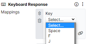 Image showing a Keyboard Response component with a Mappings setting. In the setting one can choose the Key for the component from an expandable drop down menu