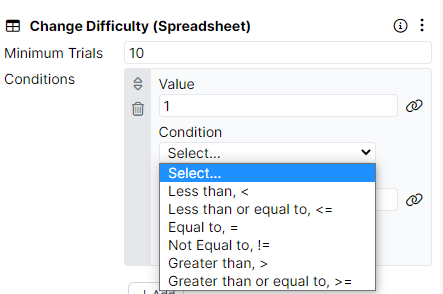 Image showing a Change Difficulty Spreadsheet component with a Conditions setting where one can set a Condition using a dropdown menu with a list of operators.