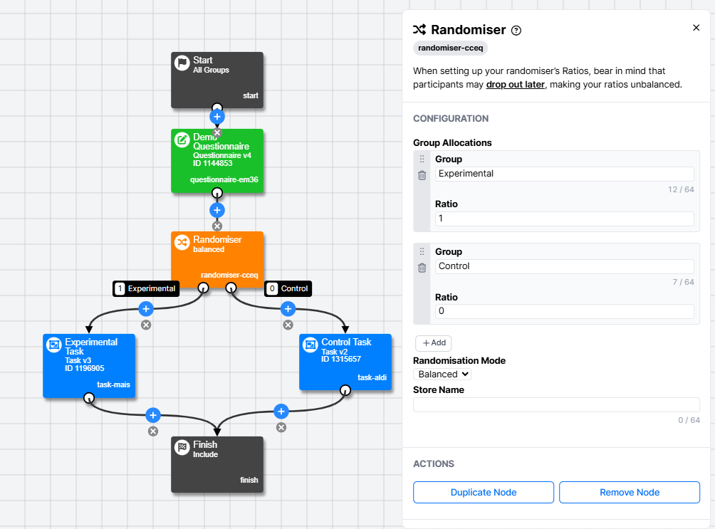 Image of a randomiser node with the control branch's ratio set to 0 and experimental branch's ratio set to 1.