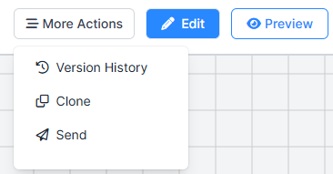 Screenshot of the top-right of New Experiment Builder showing More Actions menu (containing Version History, Clone, and Send), Edit, and Preview buttons