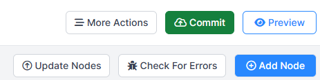 Screenshot of the top-right of New Experiment Builder showing More Actions, Commit, Preview, Update Nodes, Check For Errors, and Add Node buttons