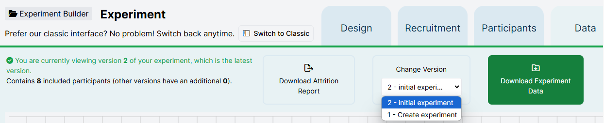 Screenshot of Data tab in New Experiment Builder. The Change Version dropdown menu is open showing experiment versions