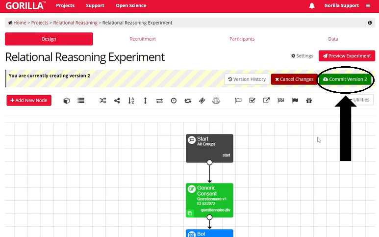 A screenshot of the Experiment builder, the top right green Commit button has been highlighted.