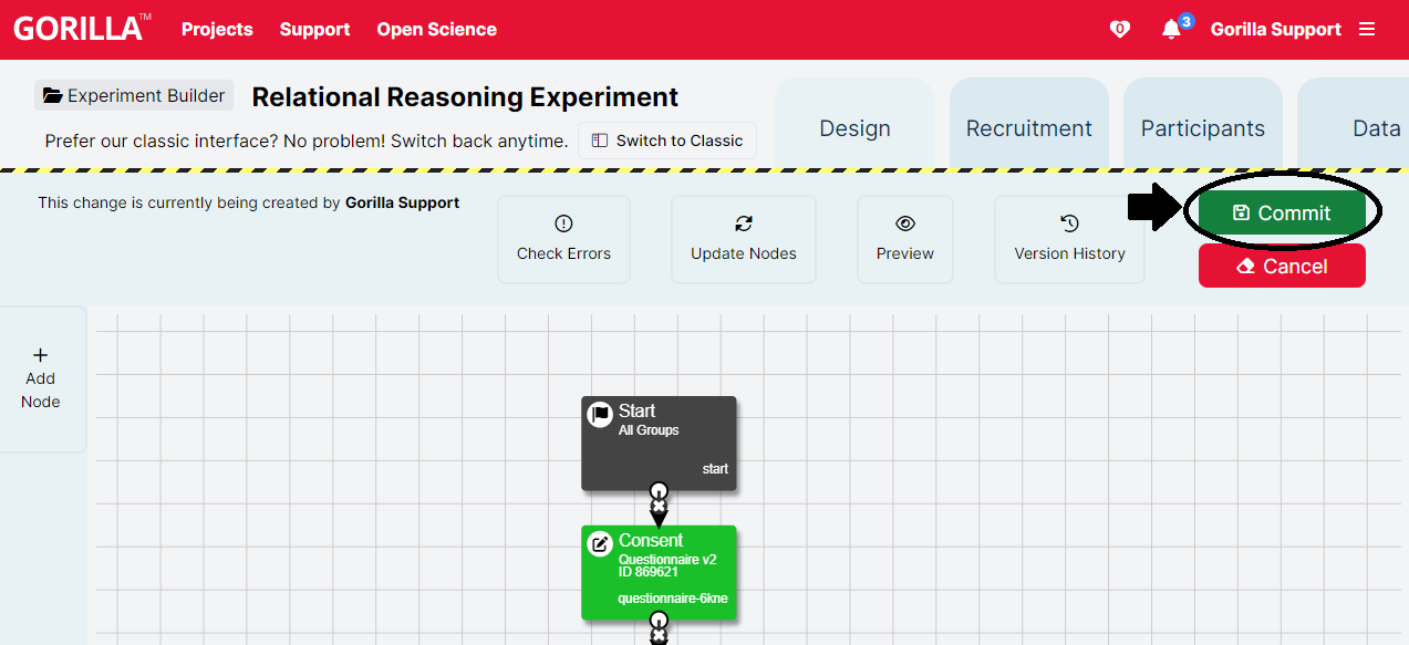 Screenshot of the Design tab in New Experiment Builder. The green Commit button is highlighted