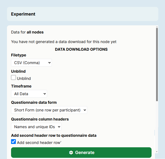 Screenshot of the data generation options when clicking Download Experiment Data