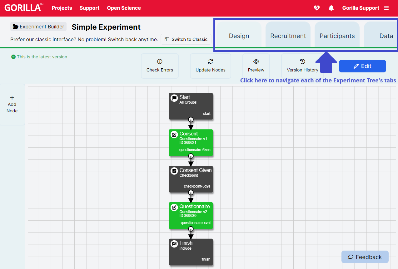 Screenshot of the new Experiment Builder Design Tab. The other tabs are highlighted