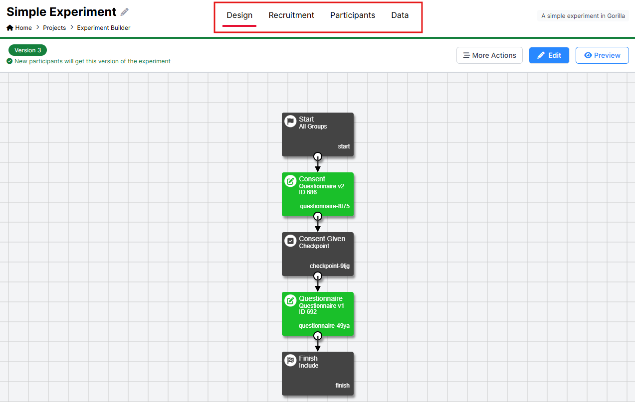 Screenshot of the new Experiment Builder Design Tab. The other tabs are highlighted by a red box