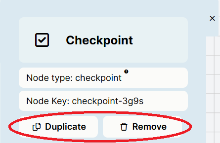 Screenshot of Node settings in New Experiment Builder. Duplicate and Remove buttons are circled