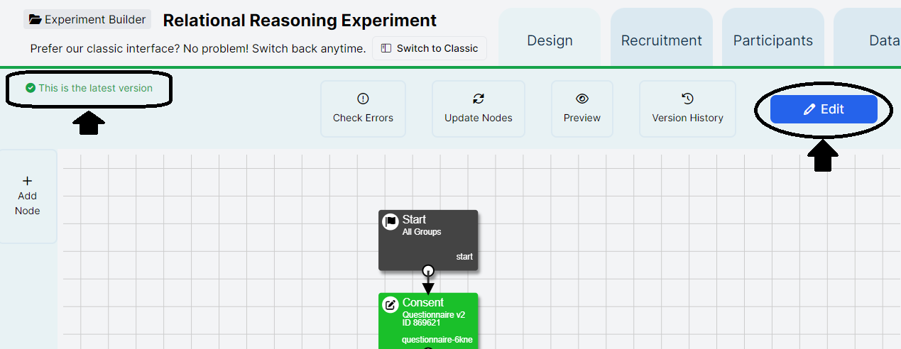 Screenshot of a committed experiment in New Experiment Builder. 'This is the latest version' message and Edit button are highlighted