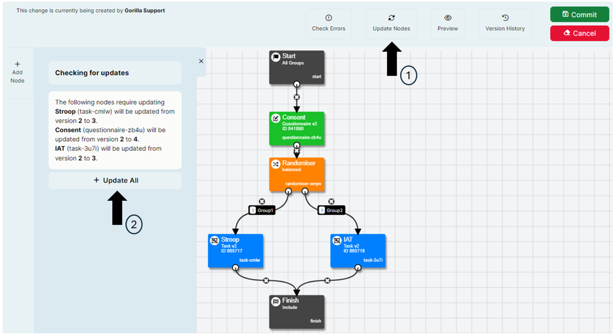 A screenshot of the new experiment builder Design tabs. Arros highlight the Update Nodes and Update All buttons.