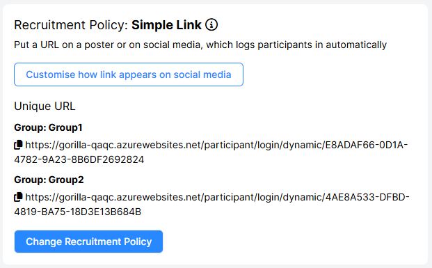 Screenshot of the Recruitment tab of the Experiment Builder with 2 recruitment links: 1 for Group1 and 1 for Group2