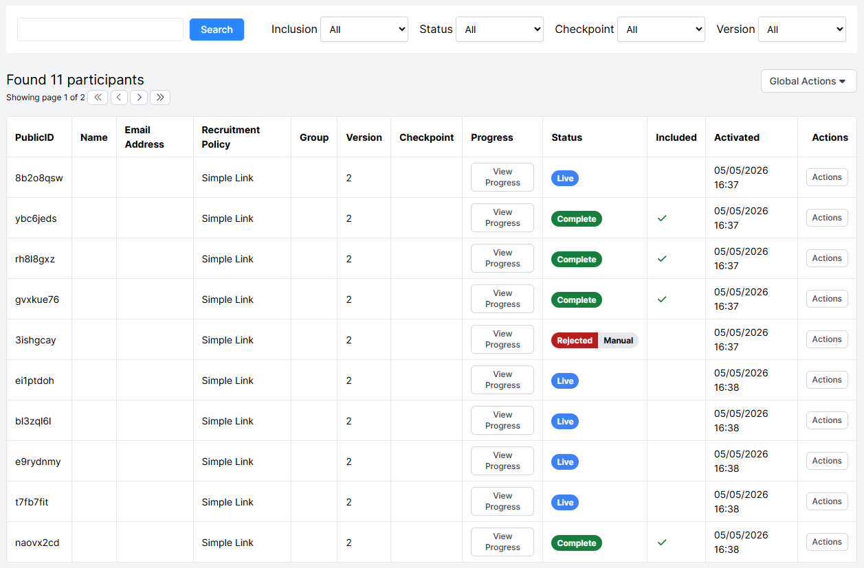 A screenshot of the Participants Tab in the Experiment Builder. There is a list of participants that have Completed the experiment, been Rejected, or are still Live.