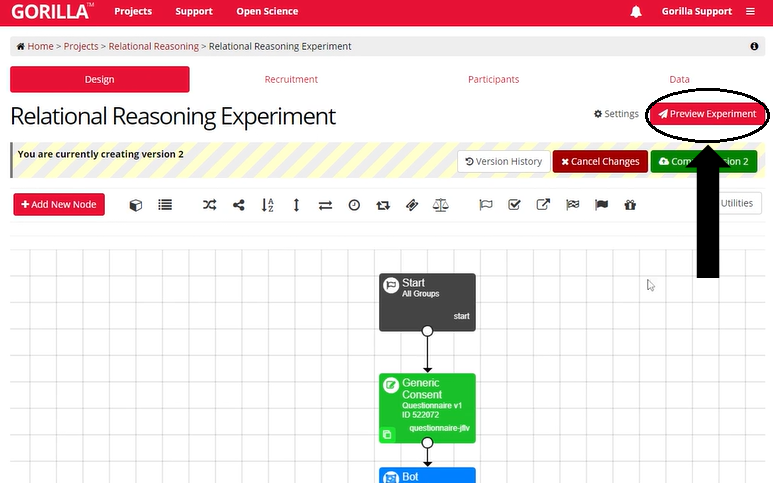 Screenshot of the Design tab in Classic Experiment Builder. The red Preview Experiment button in the top-right corner is highighted