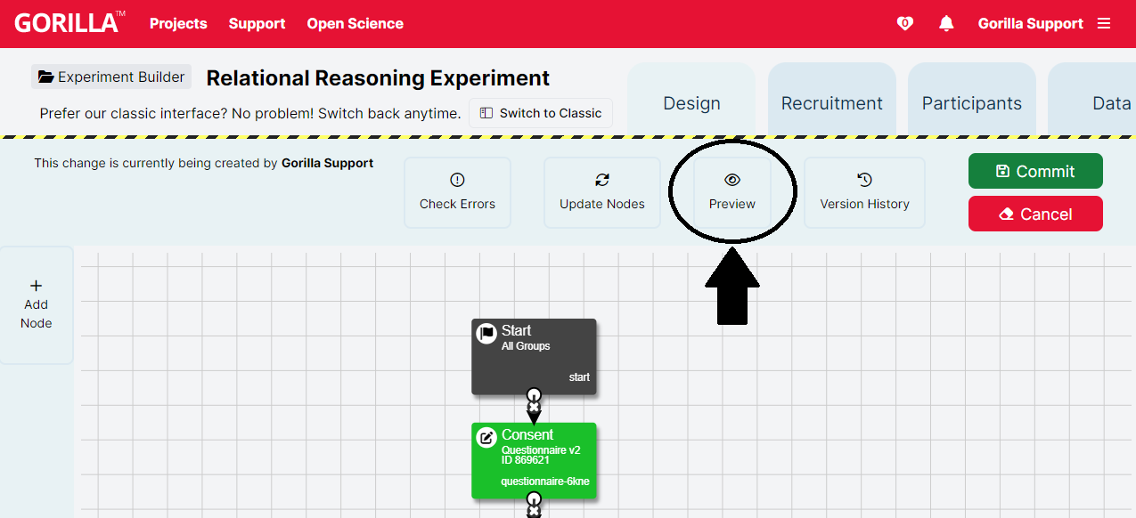 Screenshot of the Design tab in New Experiment Builder. The Preview button is highlighted