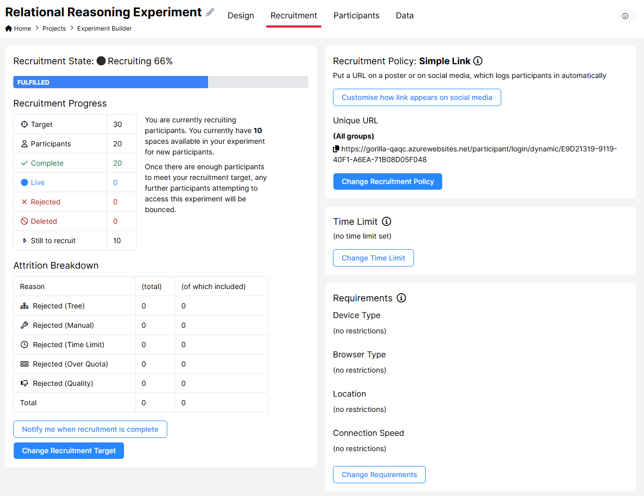 Screenshot of the Recruitment Tab in Experiment Builder