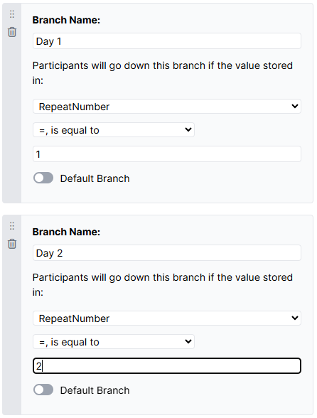 Screenshot of Branch Node configuration settings in the Experiment Tree