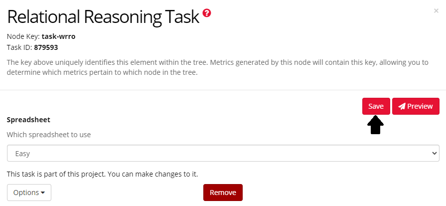 Screenshot of the Save button at the right of the Node Settings window in the Classic Experiment Builder