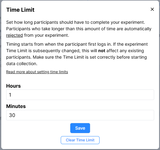 A screenshot of the Time Limit requirement in the Recruitment Tab of the experiment builder.