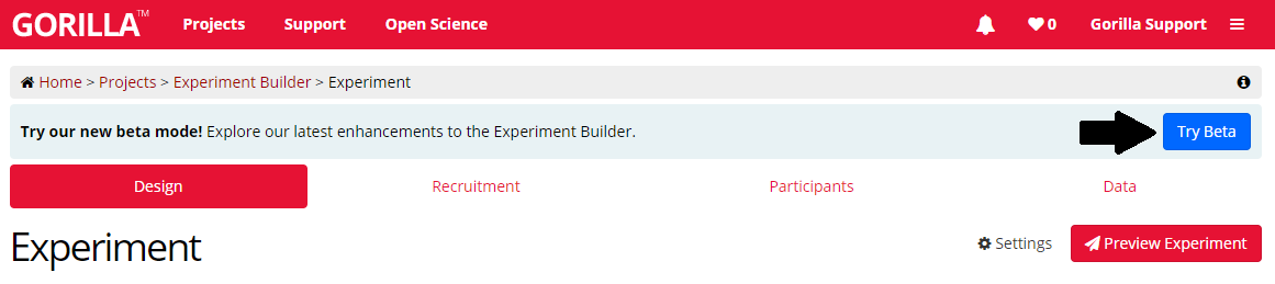 Screenshot of the Experiment Builder. The 'Try Beta' icon at the top-right is highlighted