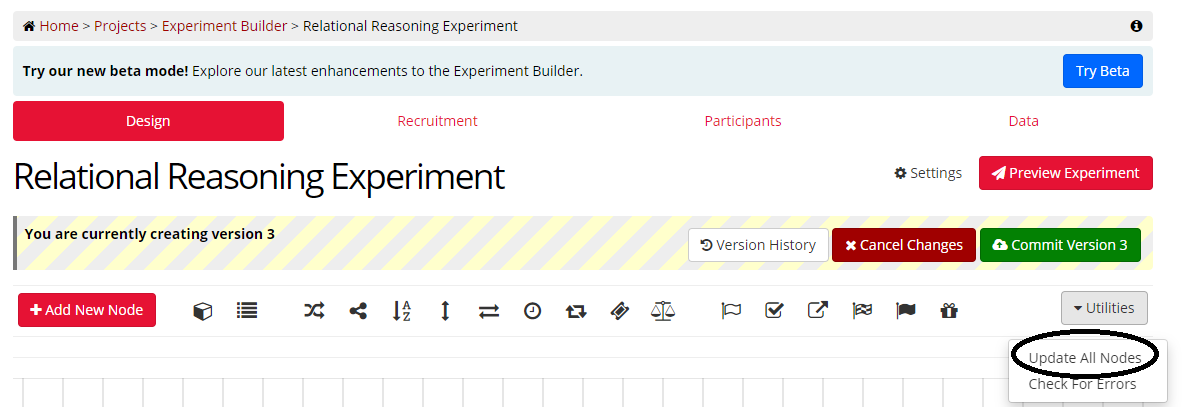 Screenshot of the top bar of Classic Experiment Builder. The Utilities menu at the top right is open, and Update All Nodes is circled.