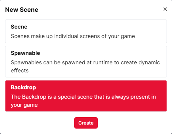 A screenshot of the new scene pop-up in the game builder. The backdrop option is selected.