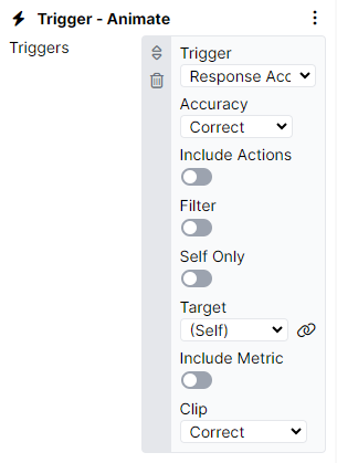 Screenshot of a Trigger - Animate component with Trigger set to Response Accuracy, Accuracy to Correct, and Clip to Correct